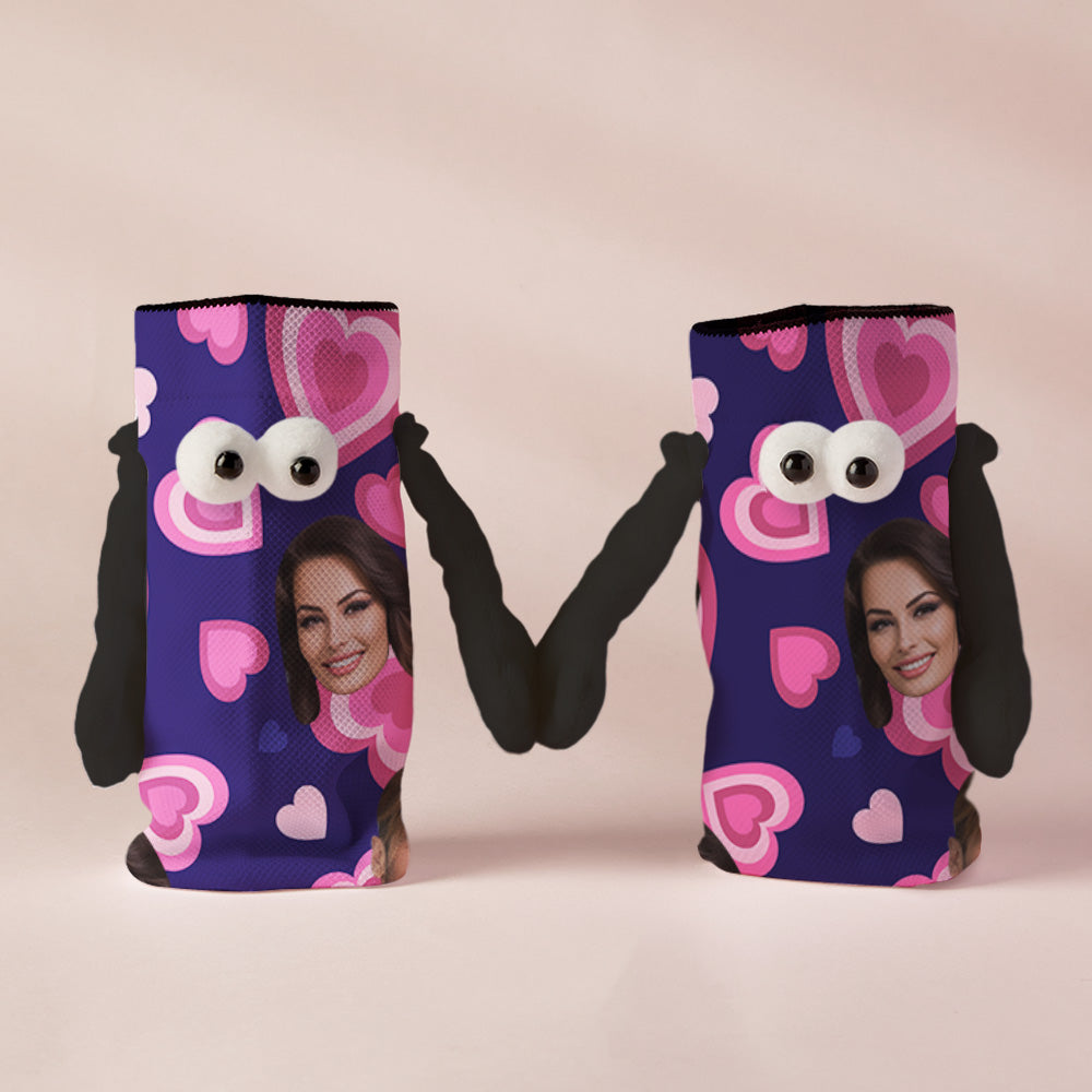 Custom Face Socks Funny Doll Mid Tube Purple Socks Magnetic Holding Hands Socks Pink Heart Valentine's Day Gifts