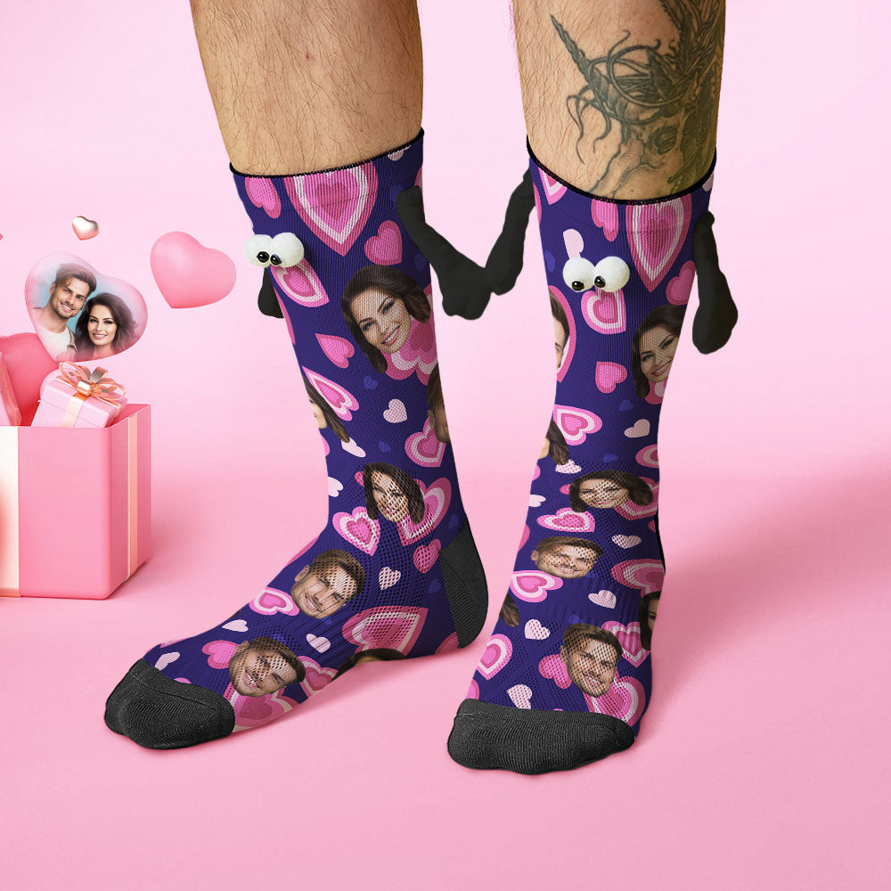 Custom Face Socks Funny Doll Mid Tube Purple Socks Magnetic Holding Hands Socks Pink Heart Valentine's Day Gifts