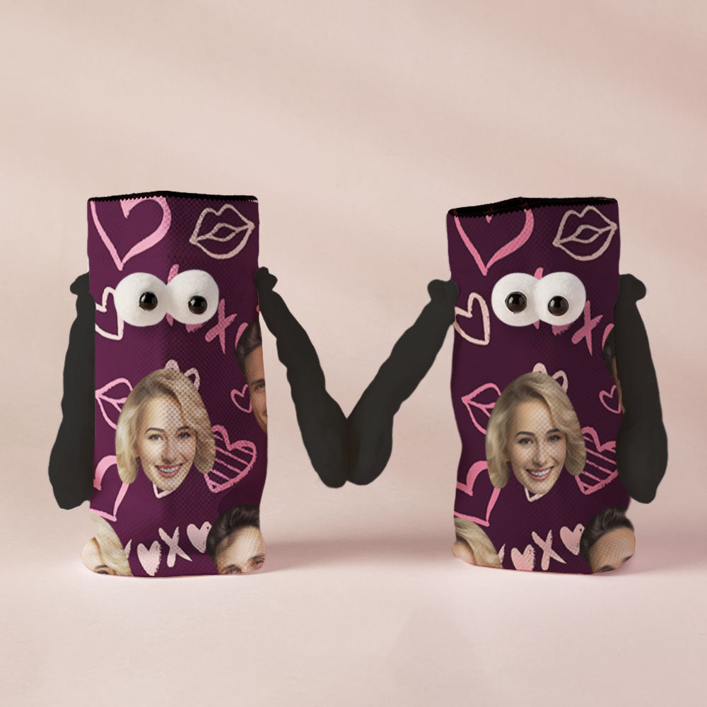 Custom Face Socks Funny Doll Mid Tube Socks Magnetic Holding Hands Socks XOXO Valentine's Day Gifts