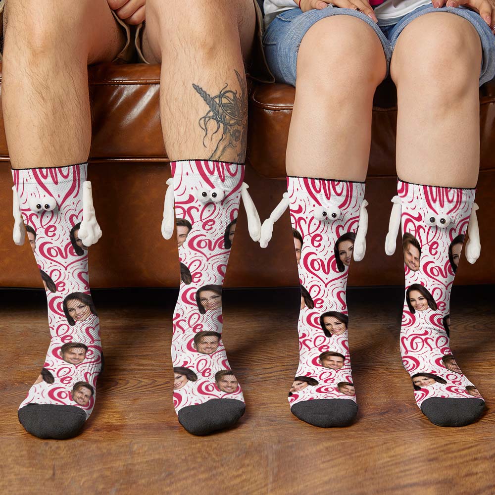 Custom Face Socks Funny Doll Mid Tube Socks Magnetic Holding Hands Socks Love Heart Valentine's Day Gifts