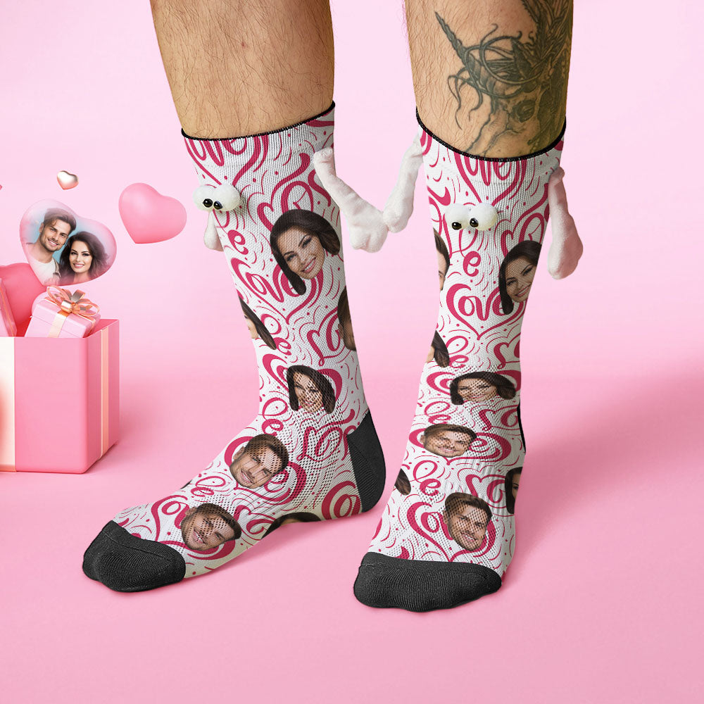 Custom Face Socks Funny Doll Mid Tube Socks Magnetic Holding Hands Socks Love Heart Valentine's Day Gifts