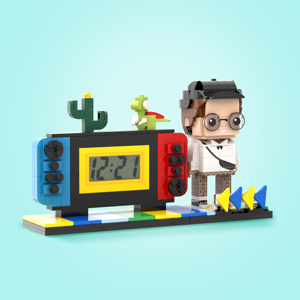 Personalized Clock Gift for Him Custom Brick Figures & Handheld Game Console with Interlocking Plastic Toy