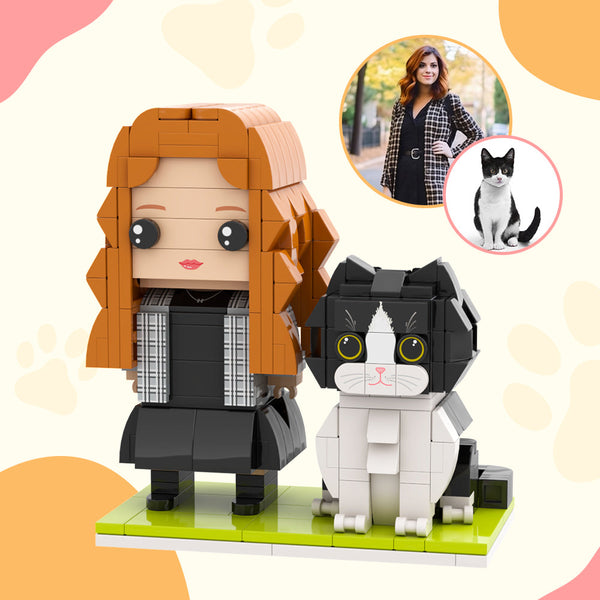 Customizable Full Body Brick Figures with Cat Personalized Universal Interlocking Toy Set, Christmas Gift to Remember