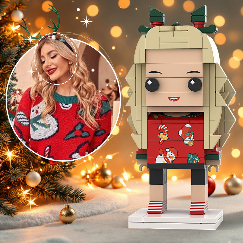 Personalized Interlocking Plastic Toy & Custom Head Brick Figures - Cute X-Mas Sweater Christmas Gift for Girlfriend