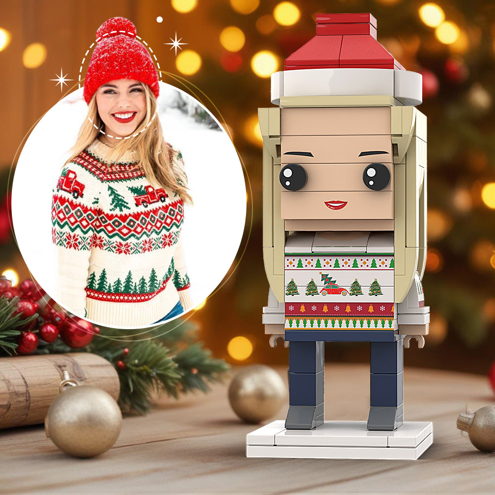 Celebrate Christmas with Custom Head Interlocking Toy & Personalized Brick Figures - Red Sweater Gift for Girlfriend