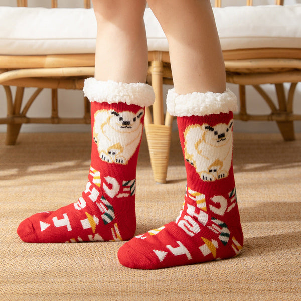 Christmas Socks Plush Coral Fleece Winter Home Floor Socks Red Slipper Socks - Polar Bear