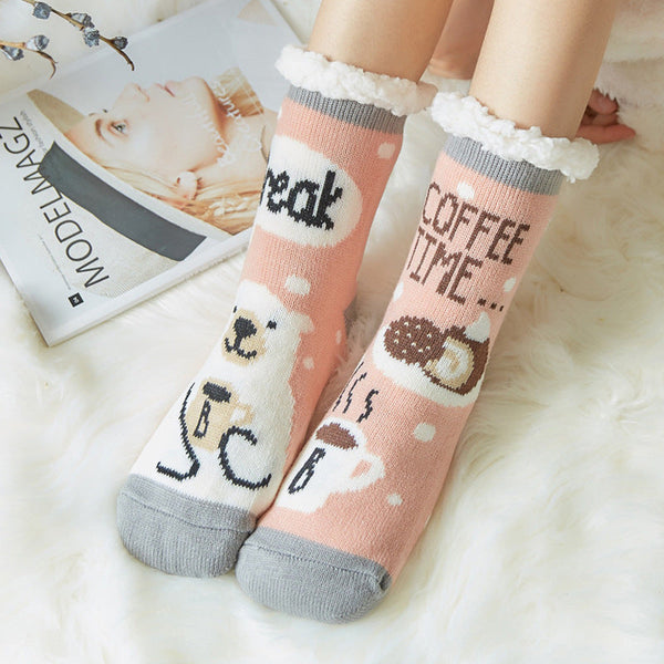 Christmas Socks Plush Coral Fleece Winter Home Floor Socks Black Plaid Slipper Socks - Polar Bear