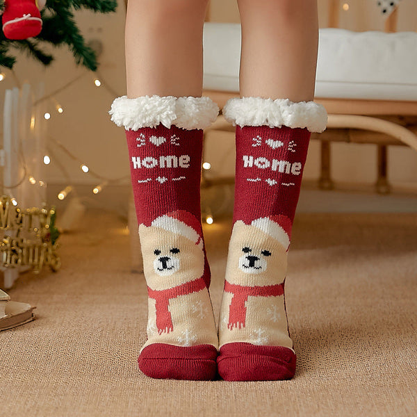 Christmas Socks Plush Coral Fleece Winter Home Floor Socks Red Slipper Socks - Scarf Bear