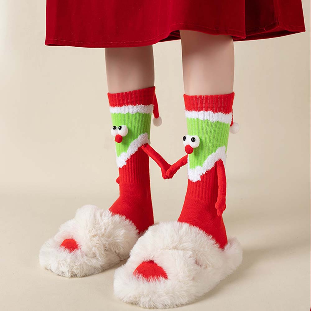 Funny Santa Claus Doll Women's Mid Tube Socks Magnetic Holding Hands Socks Christmas Gifts