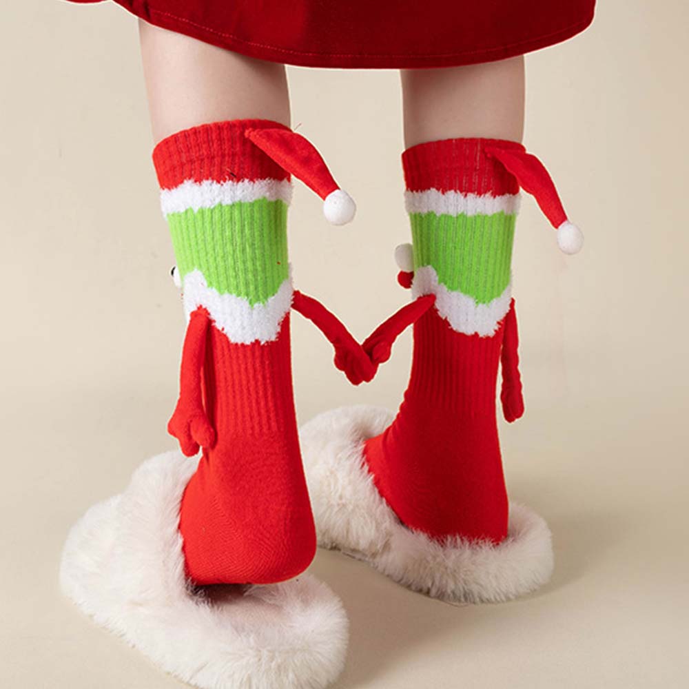 Funny Santa Claus Doll Women's Mid Tube Socks Magnetic Holding Hands Socks Christmas Gifts