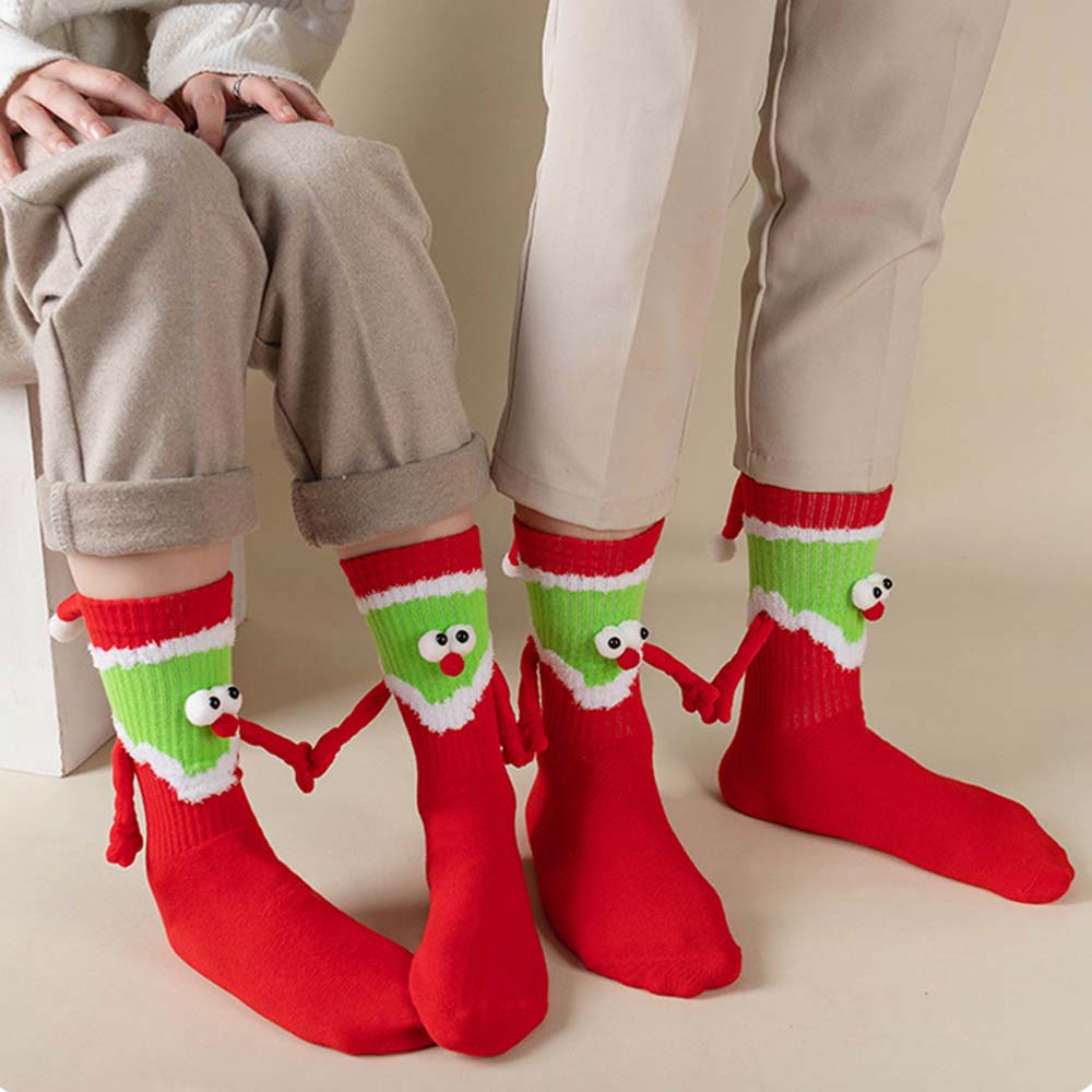 Funny Santa Claus Doll Women's Mid Tube Socks Magnetic Holding Hands Socks Christmas Gifts