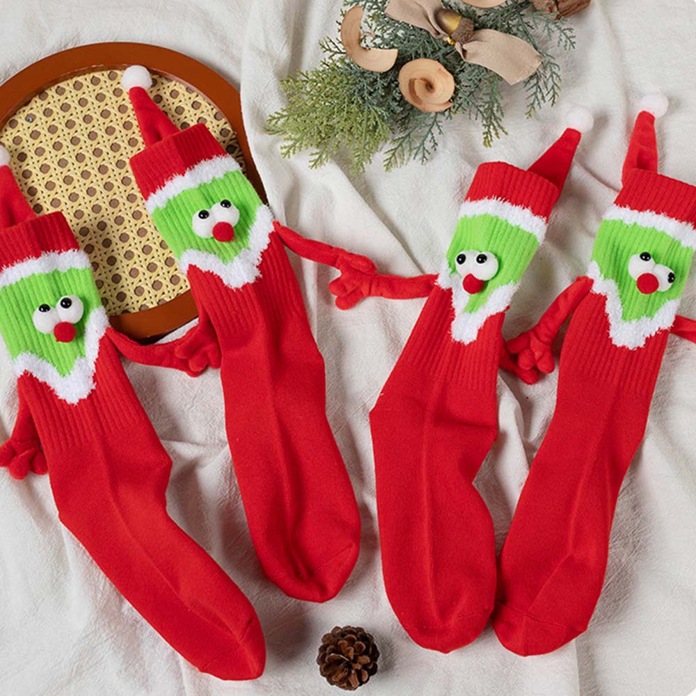 Funny Santa Claus Doll Women's Mid Tube Socks Magnetic Holding Hands Socks Christmas Gifts