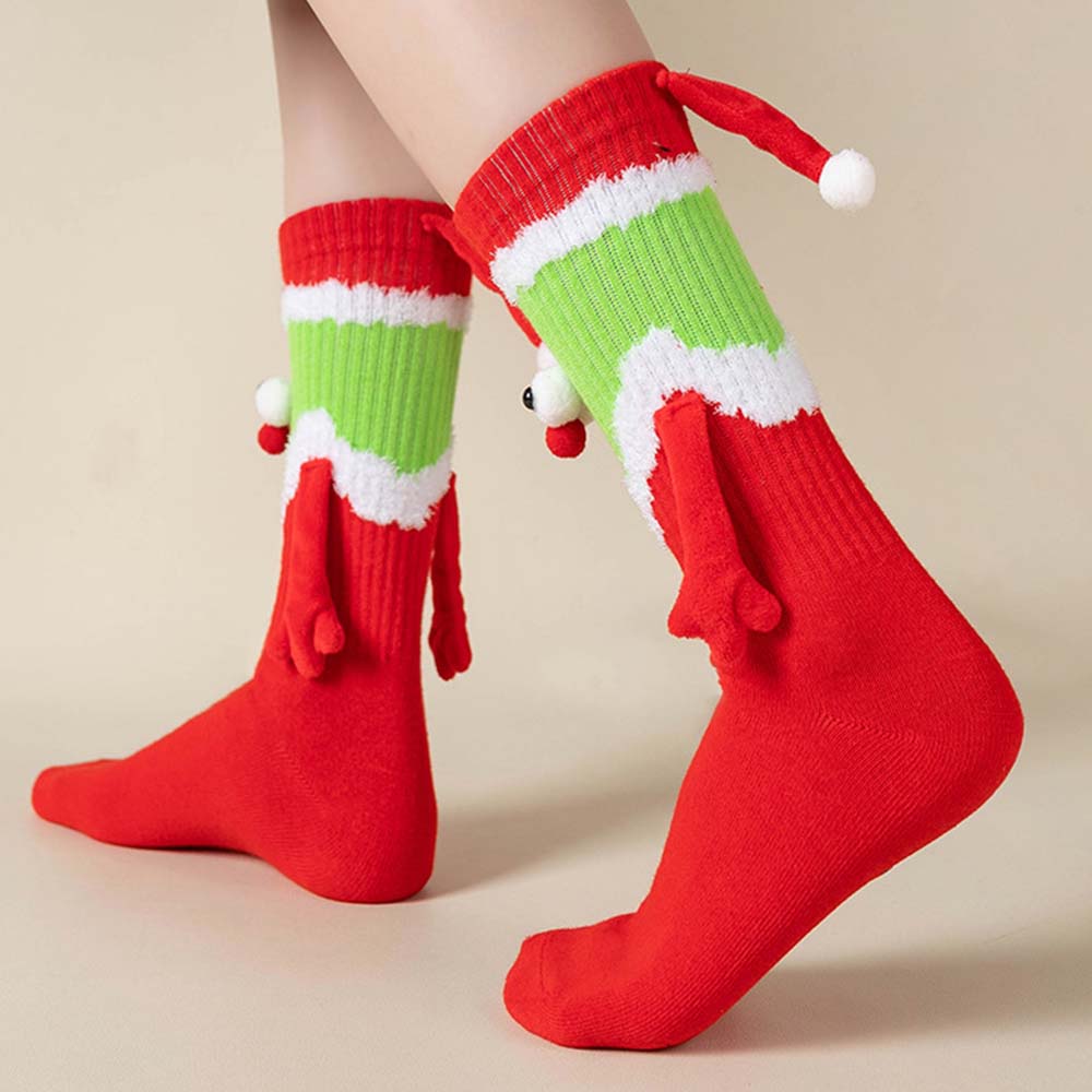 Funny Santa Claus Doll Women's Mid Tube Socks Magnetic Holding Hands Socks Christmas Gifts