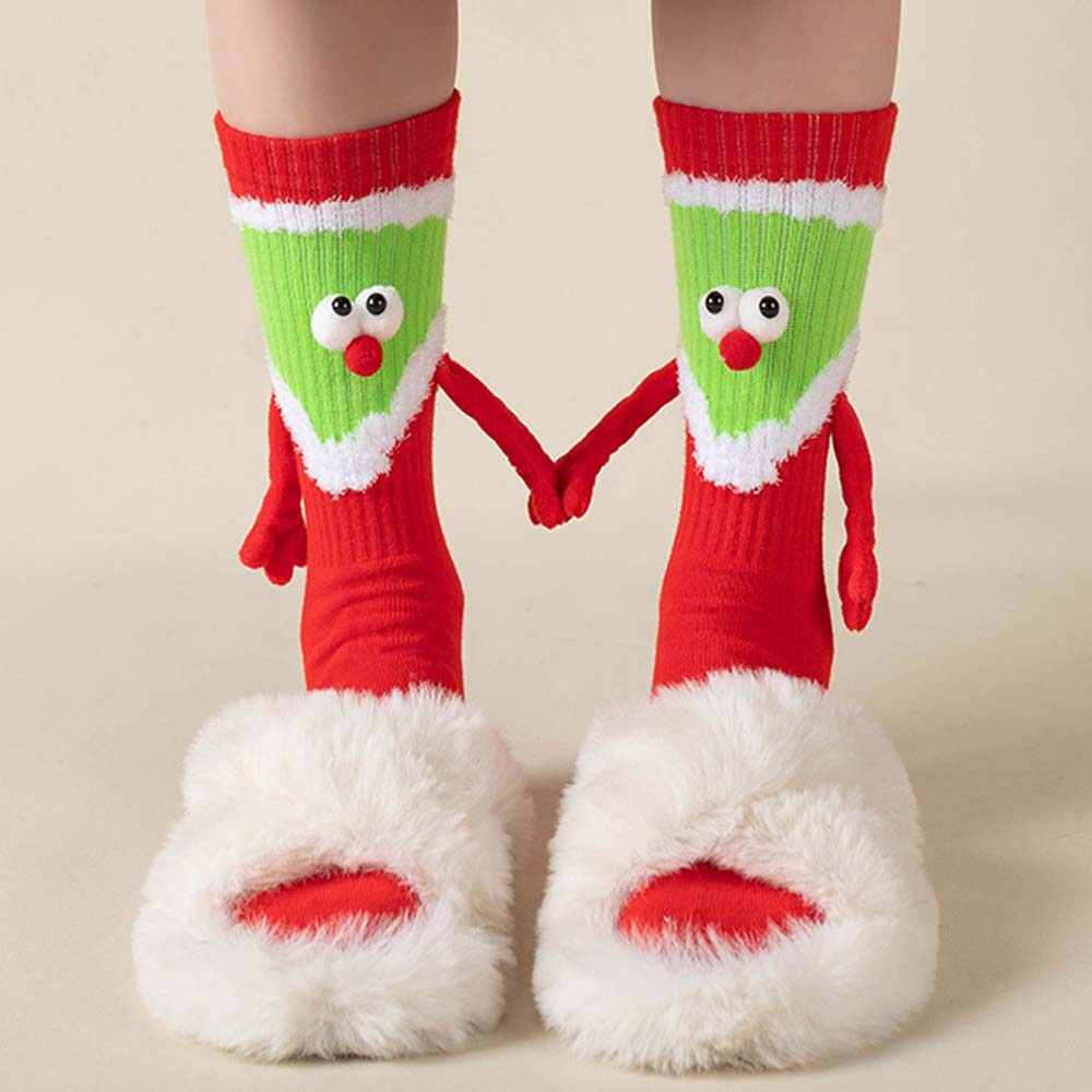 Funny Santa Claus Doll Women's Mid Tube Socks Magnetic Holding Hands Socks Christmas Gifts