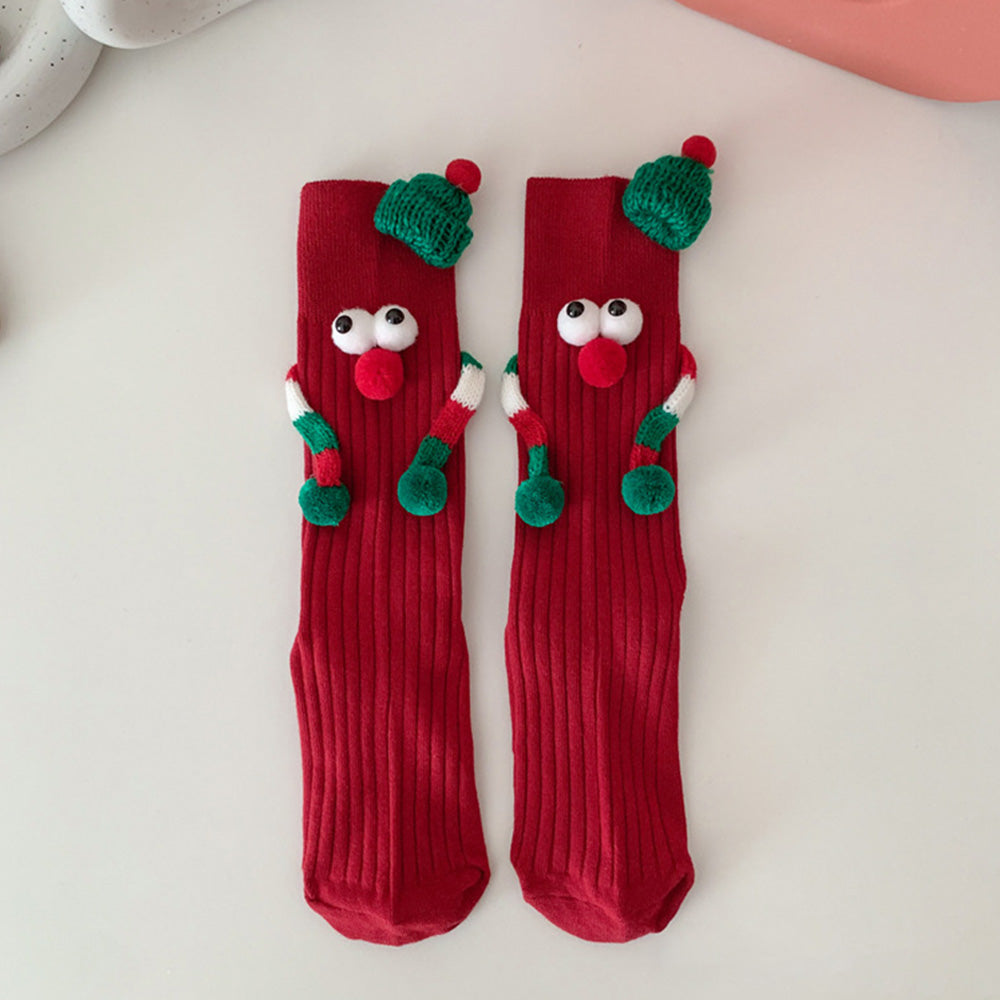 Funny Santa Claus Doll Magnetic Holding Hands Socks Women's Mid Tube Socks Christmas Gifts