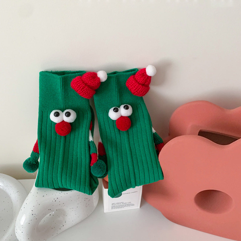 Funny Santa Claus Doll Magnetic Holding Hands Socks Women's Mid Tube Socks Christmas Gifts