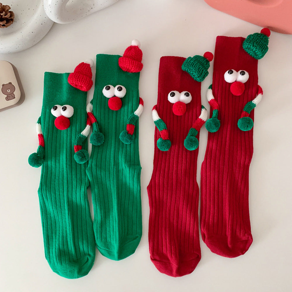 Funny Santa Claus Doll Magnetic Holding Hands Socks Women's Mid Tube Socks Christmas Gifts