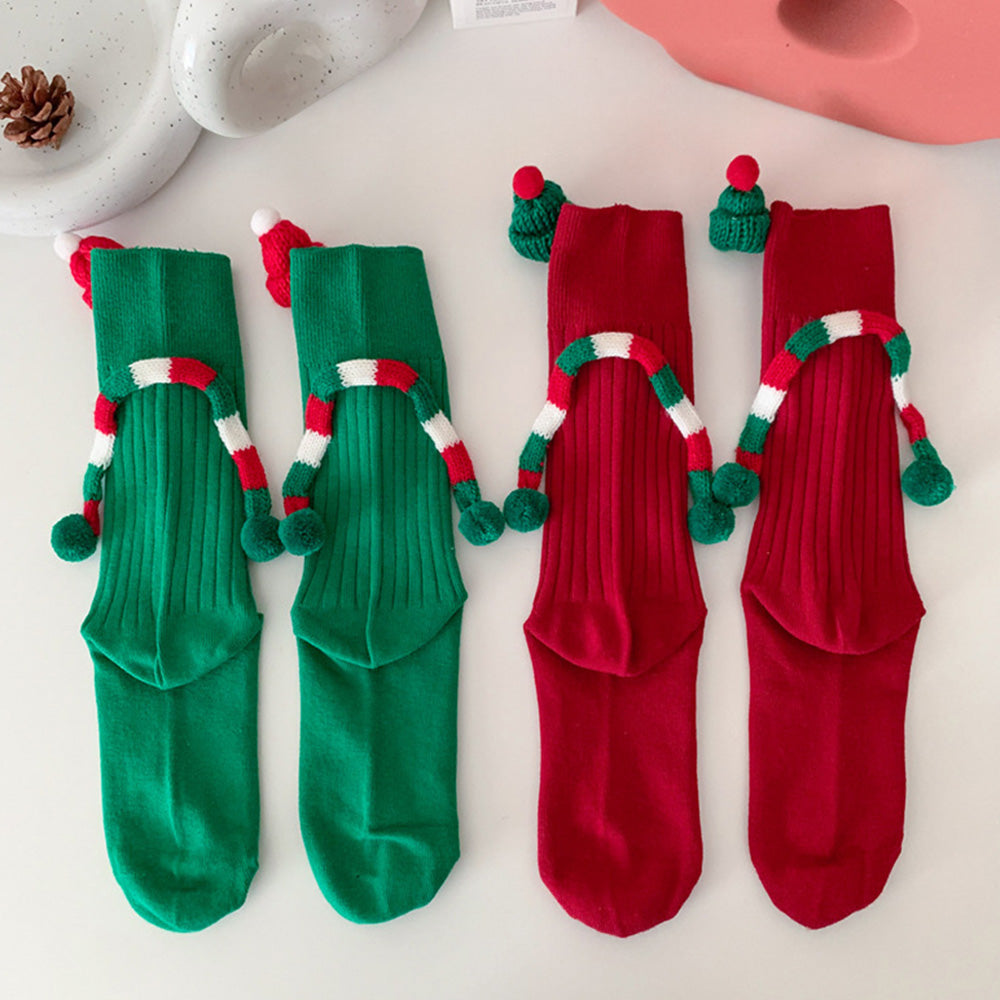 Funny Santa Claus Doll Magnetic Holding Hands Socks Women's Mid Tube Socks Christmas Gifts