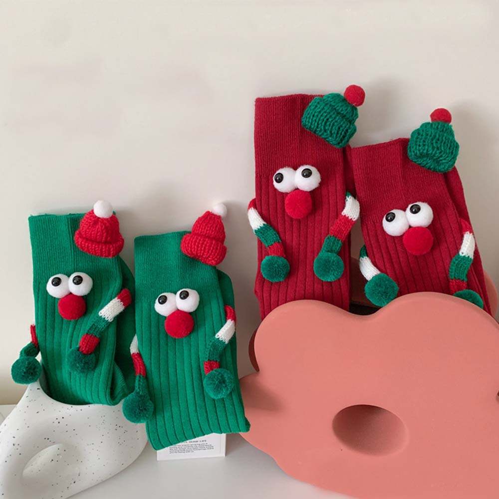 Funny Santa Claus Doll Magnetic Holding Hands Socks Women's Mid Tube Socks Christmas Gifts