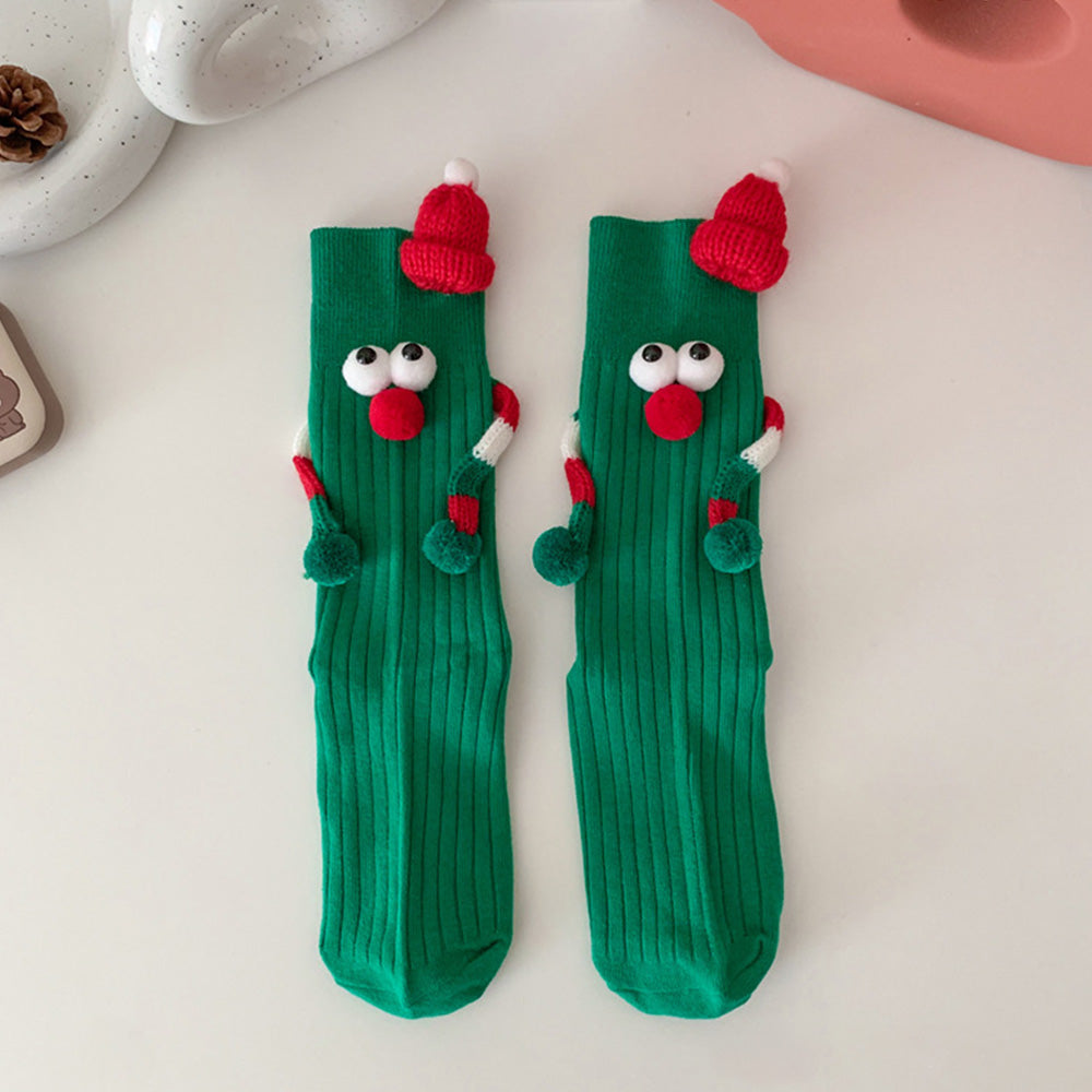 Funny Santa Claus Doll Magnetic Holding Hands Socks Women's Mid Tube Socks Christmas Gifts