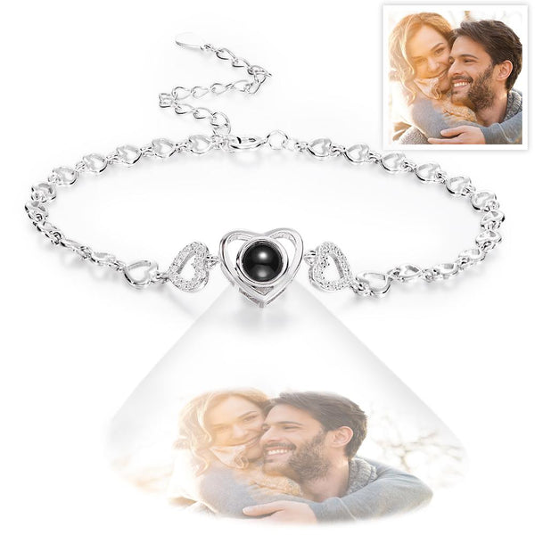 Custom Photo Projection Heart Link Bracelet Personalized Sterling Silver Bracelet