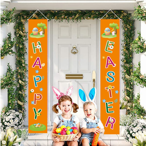 Welcome Happy Easter Porch Sign Flag-Orange Text Hanging Flags Easter Sign Outdoor Home Door Decor