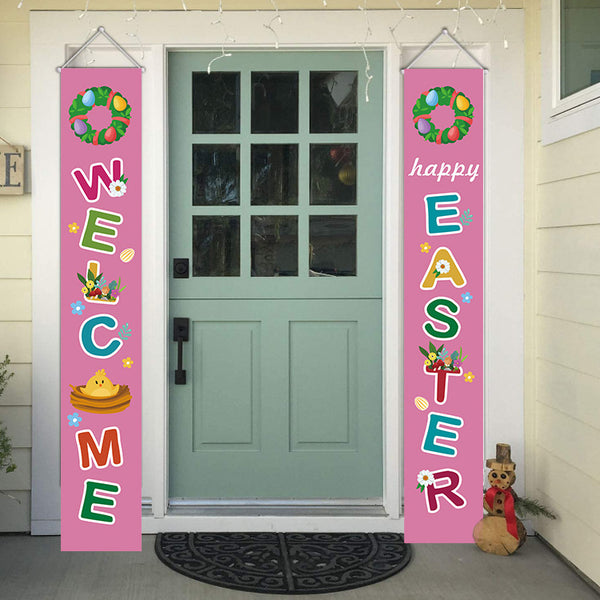 Welcome Happy Easter Porch Sign Flag-Purple Text Hanging Flags Easter Sign Outdoor Home Door Decor